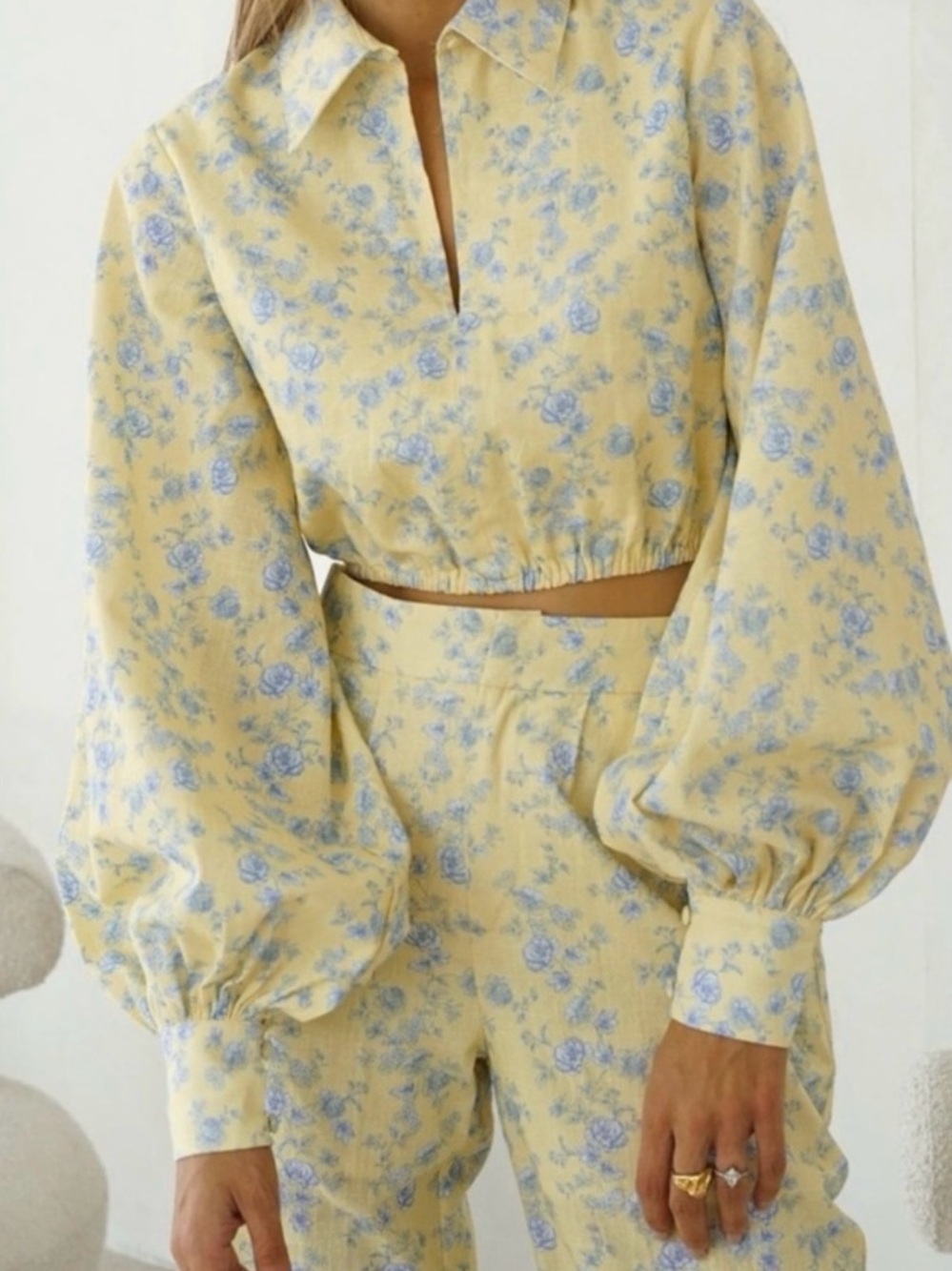 Yellow Floral Cropped Blouse with Puff Sleeves